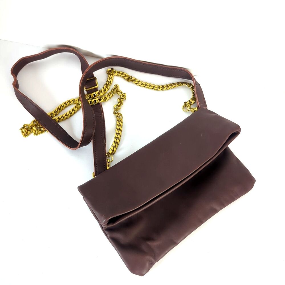 Sseko Plum Purple Leather Foldover Crossbody Bag Gold Chain Strap Convertible